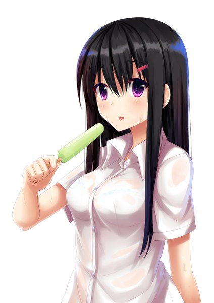 Anime picture 849x1200 with original aixioo single long hair tall image blush fringe black hair simple background hair between eyes standing white background purple eyes holding payot looking away upper body short sleeves girl shirt