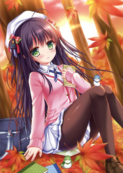 Anime picture 2494x3500 with original shitou single long hair tall image looking at viewer blush highres black hair sitting green eyes ahoge outdoors light smile scan arm support autumn girl skirt uniform