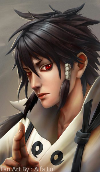Anime picture 1024x1748 with naruto studio pierrot naruto (series) otsutsuki indra alfa-lui (alfa) single long hair tall image looking at viewer black hair red eyes signed realistic grey background portrait sharingan boy cloak