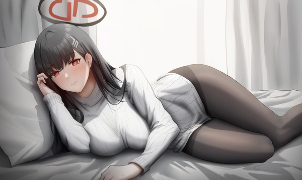 Anime picture 3996x2392 with blue archive rio (blue archive) gileu single long hair looking at viewer blush fringe highres breasts light erotic black hair red eyes wide image large breasts absurdres indoors lying blunt bangs on side