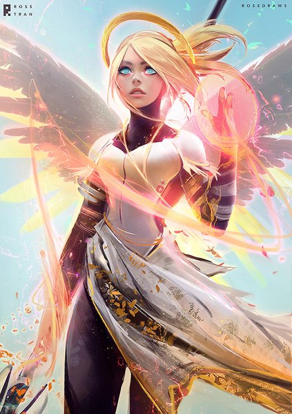 Anime picture 650x922 with overwatch blizzard entertainment mercy (overwatch) rossdraws (ross tran) single long hair tall image fringe blonde hair standing holding signed looking away sky ponytail parted lips aqua eyes wind lips realistic