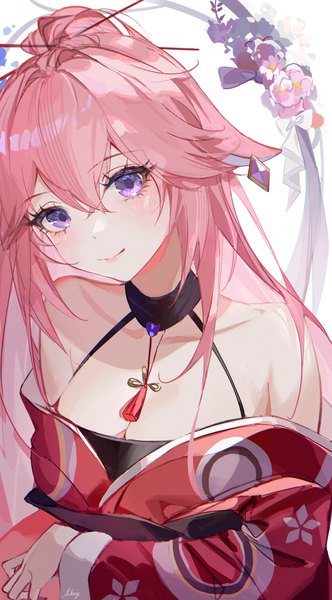 Anime picture 3750x6769 with genshin impact yae miko yutou (yutou75) single long hair tall image looking at viewer fringe highres smile hair between eyes purple eyes animal ears pink hair absurdres cleavage upper body fox ears girl earrings