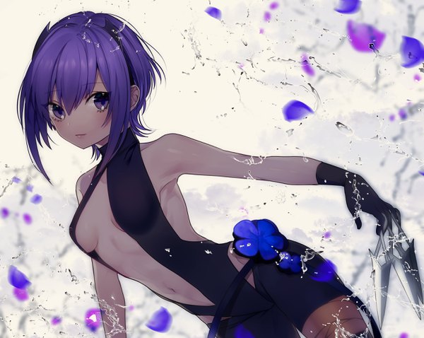 Anime picture 2507x2000 with fate (series) fate/prototype hassan of serenity (fate) renkarua single looking at viewer blush fringe highres short hair breasts light erotic simple background hair between eyes purple eyes holding payot purple hair blurry grey background