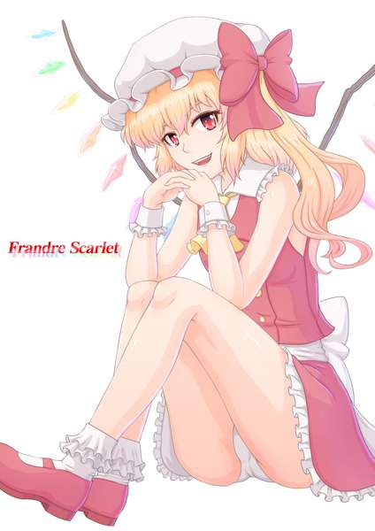 Anime picture 2893x4092 with touhou flandre scarlet nazal (artist) single tall image highres short hair light erotic simple background blonde hair red eyes white background pantyshot one side up pantyshot sitting girl dress skirt bow wings