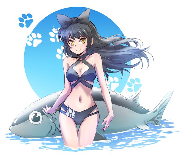 Anime picture 2337x2000 with rwby rooster teeth blake belladonna iesupa single long hair looking at viewer highres breasts light erotic black hair smile yellow eyes cleavage partially submerged floating hair abs paw print afloat girl