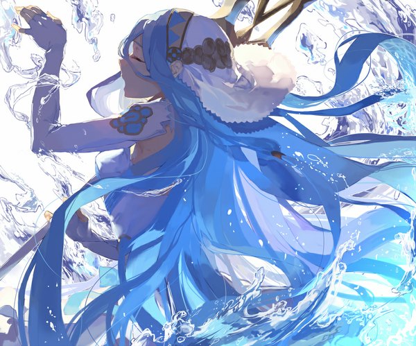 Anime picture 1000x833 with fire emblem fire emblem fates azura (fire emblem) ky (kurokky709) single long hair open mouth simple background standing white background blue hair eyes closed profile arm up singing girl gloves water elbow gloves headdress