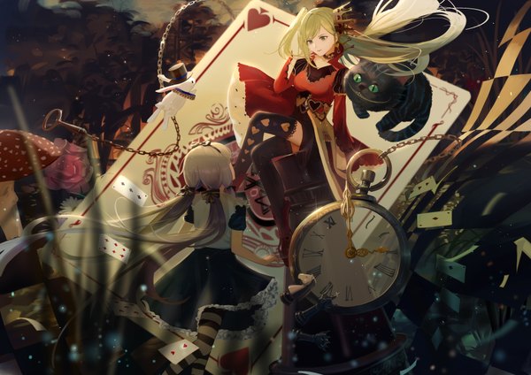 Anime picture 3508x2480 with alice in wonderland vocaloid synthesizer v white rabbit cheshire cat xingchen cangqiong leiq looking at viewer fringe highres blonde hair standing sitting twintails multiple girls green eyes absurdres full body bent knee (knees)