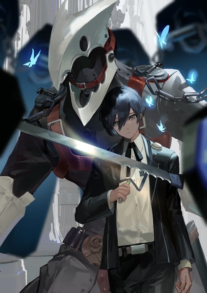 Anime picture 4093x5787 with persona 3 persona arisato minato thanatos (persona) ori (momonimo) single tall image looking at viewer fringe highres short hair blue eyes black hair hair between eyes standing holding absurdres upper body head tilt open clothes