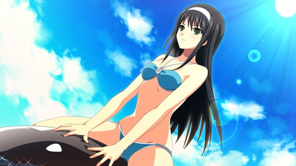 Anime picture 1024x576 with uni. special limited edition (game) long hair black hair wide image green eyes game cg sky cloud (clouds) girl swimsuit bikini