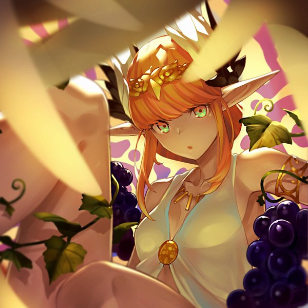 Anime picture 800x800 with fate (series) fate/grand order circe (fate/grand order) tef single long hair looking at viewer fringe breasts open mouth bare shoulders green eyes payot cleavage bent knee (knees) blunt bangs pointy ears blurry orange hair :o