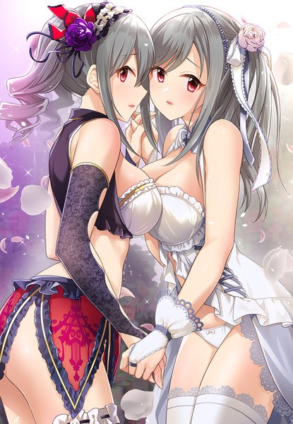 Anime picture 900x1300 with idolmaster idolmaster cinderella girls idolmaster cinderella girls starlight stage kanzaki ranko kazu long hair tall image looking at viewer blush fringe breasts light erotic hair between eyes red eyes large breasts standing twintails multiple girls payot cleavage