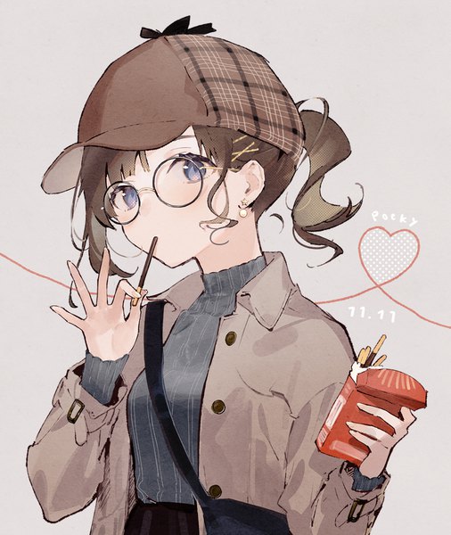 Anime picture 843x1000 with original horiizumi inko single tall image short hair blue eyes simple background brown hair upper body ponytail grey background dated heart of string pocky day girl hair ornament hat earrings glasses food