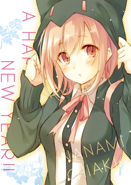 Anime picture 724x1023 with dangan ronpa super dangan ronpa 2 nanami chiaki toosaka asagi single long hair tall image looking at viewer blush fringe breasts open mouth holding pink hair pink eyes :o character names adjusting hood girl bowtie