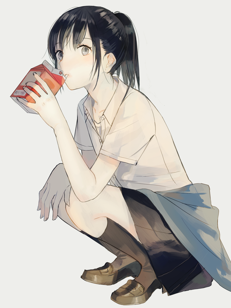 Anime picture 1447x1927 with original vient single long hair tall image looking at viewer blush black hair simple background ponytail pleated skirt grey background grey eyes squat clothes around waist girl skirt shirt socks black socks