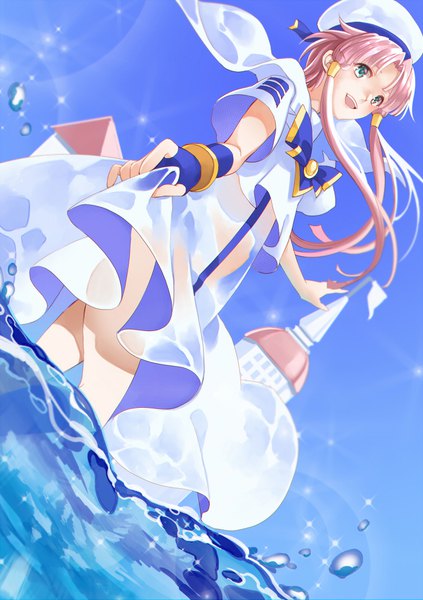Anime picture 700x993 with aria mizunashi akari shiosoda single long hair tall image open mouth green eyes looking away pink hair sky sparkle partially submerged girl gloves uniform water fingerless gloves beret hair tubes