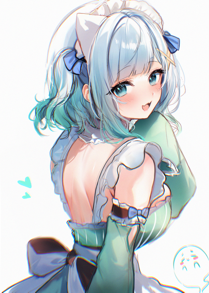 Anime-Bild 1921x2691 mit virtual youtuber indie virtual youtuber mint fantome maruccy single tall image looking at viewer blush fringe highres short hair open mouth simple background white background silver hair blunt bangs :d looking back aqua eyes from behind