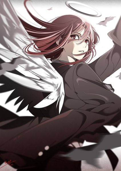 Anime picture 2400x3400 with chainsaw man mappa angel devil (chainsaw man) sibato5 single long hair tall image fringe highres hair between eyes red eyes red hair parted lips looking back from behind white wings androgynous boy wings halo