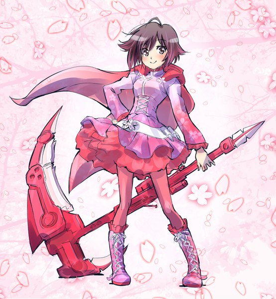 Anime picture 1280x1386 with rwby rooster teeth ruby rose iesupa single tall image looking at viewer blush short hair black hair smile brown eyes full body ahoge multicolored hair wind hand on hip cherry blossoms gradient hair lacing