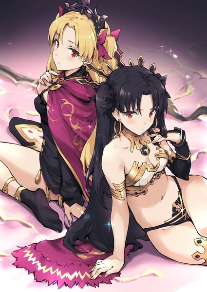 Anime picture 779x1100 with fate (series) fate/grand order ishtar (fate) ereshkigal (fate) haoni long hair tall image looking at viewer blush fringe breasts light erotic black hair blonde hair red eyes multiple girls cleavage nail polish looking back fingernails