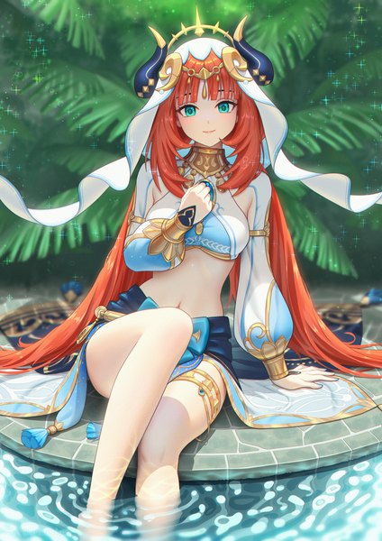 Anime picture 2828x4000 with genshin impact nilou (genshin impact) darkmuleth single long hair tall image looking at viewer fringe highres breasts light erotic smile large breasts sitting twintails bent knee (knees) red hair blunt bangs long sleeves horn (horns)