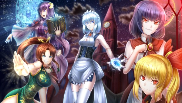 Anime picture 2636x1500 with touhou flandre scarlet remilia scarlet izayoi sakuya patchouli knowledge hong meiling azumajin long hair highres short hair open mouth blue eyes blonde hair smile red eyes wide image purple eyes multiple girls blue hair purple hair