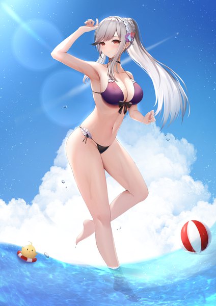 Anime picture 2892x4093 with azur lane manjuu (azur lane) dunkerque (azur lane) dunkerque (summer sucre) (azur lane) sido (ama r007) single long hair tall image looking at viewer blush fringe highres breasts light erotic red eyes large breasts standing payot sky cleavage