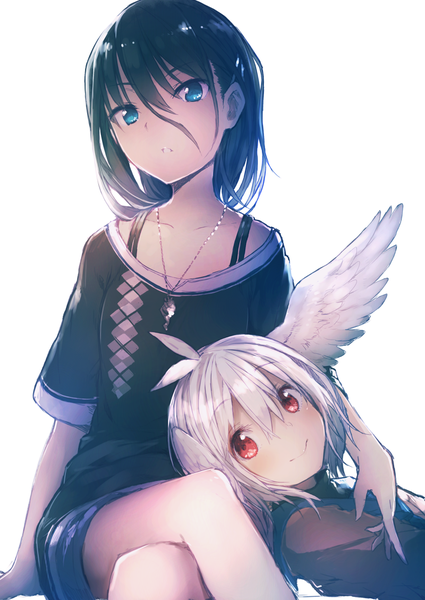 Anime picture 800x1129 with original en@rain long hair tall image looking at viewer fringe short hair blue eyes black hair simple background smile red eyes white background sitting multiple girls white hair lying short sleeves angel wings girl