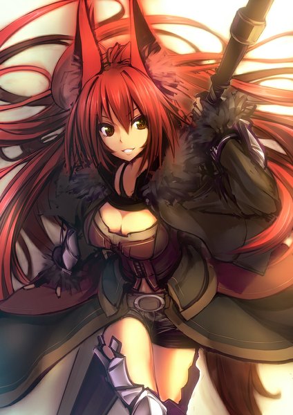 Anime picture 700x990 with original garuku single long hair tall image looking at viewer fringe breasts open mouth standing brown eyes animal ears red hair tail animal tail leaning leaning forward fox ears fox tail girl