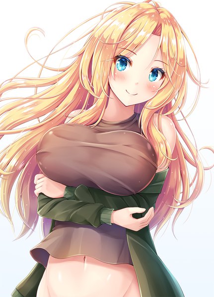 Anime picture 1100x1530 with girls und panzer kay (girls und panzer) akashio (loli ace) single long hair tall image looking at viewer blush fringe breasts blue eyes light erotic simple background blonde hair smile large breasts standing bare shoulders long sleeves off shoulder