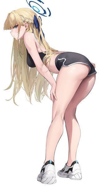 Anime picture 3000x5524 with blue archive toki (blue archive) leviathan (hikinito0902) single long hair tall image looking at viewer fringe highres breasts blue eyes light erotic simple background blonde hair standing white background full body ass braid (braids) profile