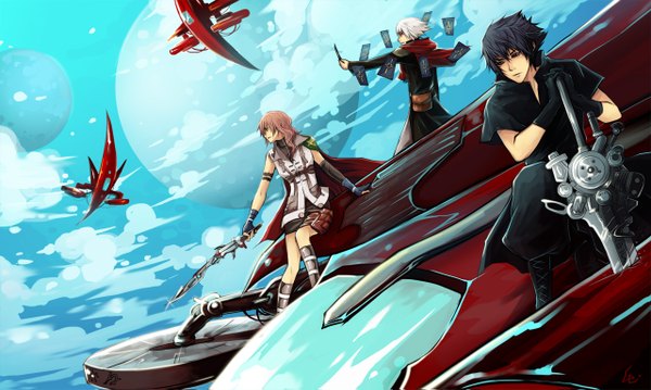 Anime picture 1280x767 with final fantasy final fantasy type-0 final fantasy agito xiii square enix lightning farron noctis lucis caelum ace (fft-0) unodu short hair black hair wide image pink hair sky cloud (clouds) white hair girl boy gloves weapon sword