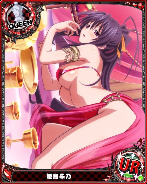 Anime picture 640x800 with highschool dxd himejima akeno single tall image blush breasts open mouth light erotic black hair purple eyes ponytail very long hair traditional clothes card (medium) girl swimsuit bikini