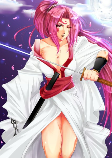 Anime picture 992x1402 with guilty gear baiken riko (kujira215) single long hair tall image breasts light erotic pink hair cleavage ponytail pink eyes one eye closed wink tattoo scar girl weapon petals sword