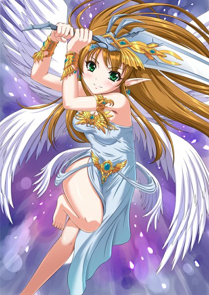 Anime picture 800x1131 with original chaki-yam single long hair tall image looking at viewer blush blonde hair green eyes barefoot pointy ears girl dress weapon sword wings