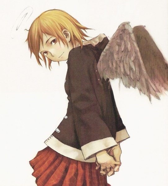 Anime picture 1528x1691 with haibane renmei rakka (haibane) abe yoshitoshi single tall image short hair simple background smile brown hair white background brown eyes pleated skirt hands behind back interlocked fingers girl skirt shirt wings halo red skirt