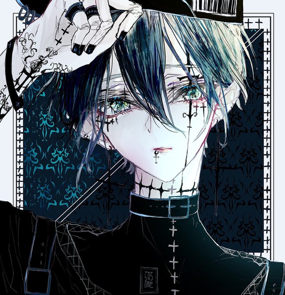 Anime picture 1543x1600 with original sasame20 single tall image looking at viewer fringe short hair black hair simple background hair between eyes green eyes nail polish green hair tattoo border portrait adjusting hat face paint boy hat