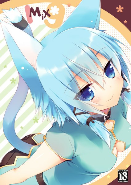 Anime picture 600x847 with sword art online a-1 pictures asada shino sazaki ichiri tall image blush fringe short hair breasts blue eyes animal ears blue hair tail animal tail light smile cat ears cat girl cat tail tail ribbon cover