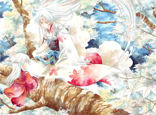 Anime picture 1065x786 with inuyasha sesshomaru inuyasha (character) sesshoumaru pui (sakanapuchi) long hair animal ears yellow eyes white hair very long hair traditional clothes japanese clothes profile facial mark traditional media alternate age watercolor (medium) younger boy plant (plants)