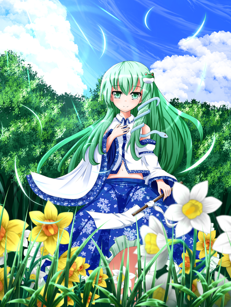 Anime picture 2042x2717 with touhou kochiya sanae ddfftasogare single long hair tall image looking at viewer blush highres green eyes cloud (clouds) green hair girl dress hair ornament flower (flowers) plant (plants) detached sleeves tree (trees) gohei