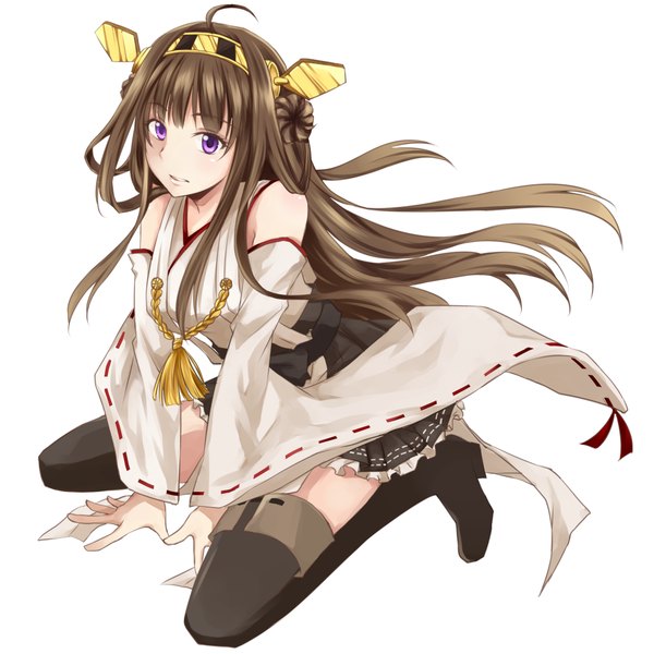 Anime picture 1000x1000 with kantai collection kongou battleship single long hair simple background brown hair white background purple eyes ahoge traditional clothes nontraditional miko girl hair ornament detached sleeves thigh boots