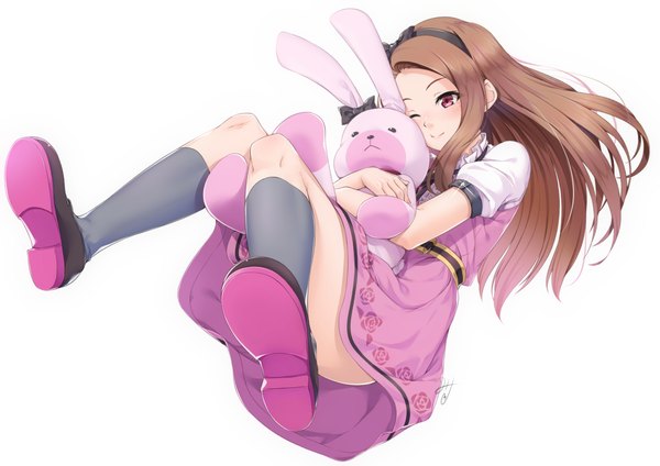 Anime picture 1169x827 with idolmaster idolmaster (classic) minase iori miri (ago550421) single long hair looking at viewer blush simple background brown hair white background purple eyes signed full body bent knee (knees) one eye closed light smile hug knees together feet apart convenient leg