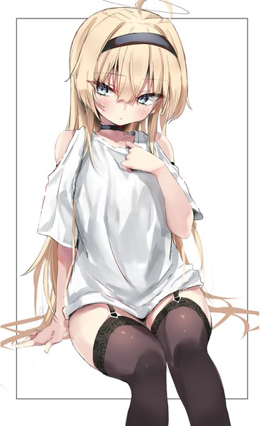 Anime picture 2176x3512 with original toshizou (0714) single long hair tall image blush fringe highres blue eyes light erotic simple background blonde hair hair between eyes white background sitting bare shoulders looking away ahoge arm support short sleeves