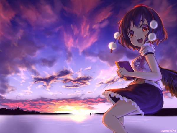 Anime picture 1600x1200 with touhou shameimaru aya pyonsuke (pyon2 mfg) single looking at viewer blush fringe short hair breasts open mouth black hair smile red eyes holding signed cloud (clouds) bent knee (knees) :d teeth bare legs
