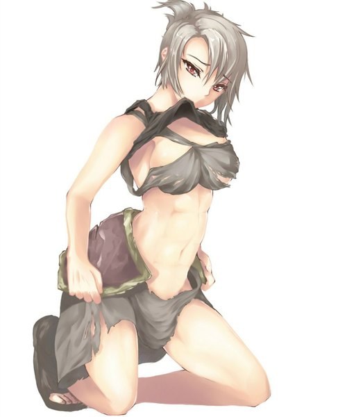 Anime picture 853x1024 with league of legends riven (league of legends) tagme (artist) single tall image looking at viewer short hair light erotic simple background red eyes white background bare shoulders grey hair midriff girl navel