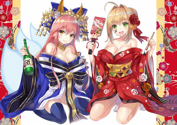 Anime picture 2000x1413 with fate (series) fate/extra nero claudius (fate) (all) tamamo (fate) (all) nero claudius (fate) tamamo no mae (fate) harimoji long hair looking at viewer blush highres short hair breasts open mouth light erotic blonde hair smile large breasts multiple girls green eyes
