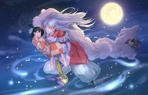 Anime picture 4096x2640 with inuyasha sesshomaru rin (inuyasha) gogo (detteiu de) long hair blush fringe highres open mouth black hair hair between eyes brown eyes looking away absurdres silver hair full body eyes closed traditional clothes japanese clothes barefoot