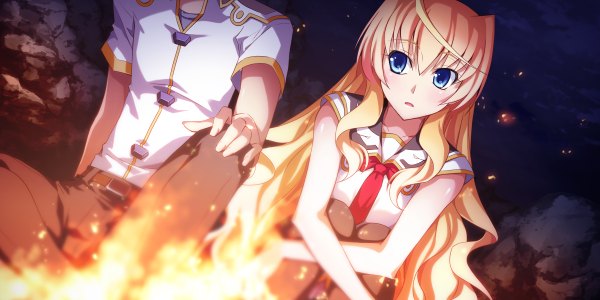 Anime picture 2400x1200 with soranica ele (game) ophelia uriela diefenbaker izumi mahiru long hair highres blue eyes blonde hair wide image game cg girl serafuku fire