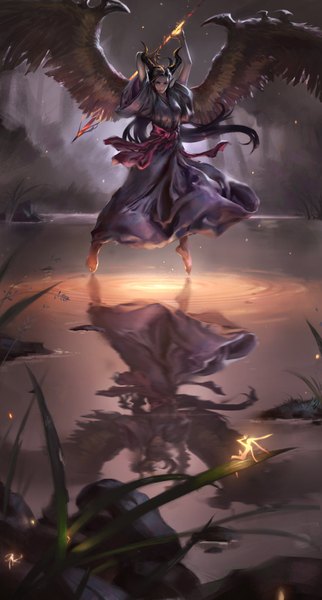 Anime picture 1031x1920 with original chengwei pan single tall image breasts black hair holding very long hair barefoot horn (horns) pointy ears wide sleeves reflection elf angel wings fantasy glow fairy lake girl