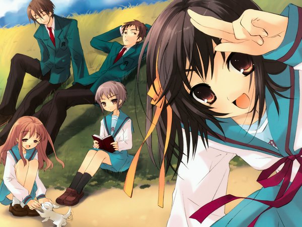 Anime picture 1920x1440 with suzumiya haruhi no yuutsu kyoto animation suzumiya haruhi nagato yuki asahina mikuru kyon koizumi itsuki kyon no imouto highres girl