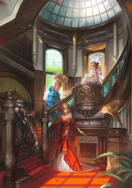 Anime picture 1000x1420 with fate (series) fate/stay night fate/extra fate/unlimited codes studio deen type-moon artoria pendragon (all) saber nero claudius (fate) (all) saber alter nero claudius (fate) saber lily saber 01 long hair tall image looking at viewer blue eyes blonde hair bare shoulders multiple girls